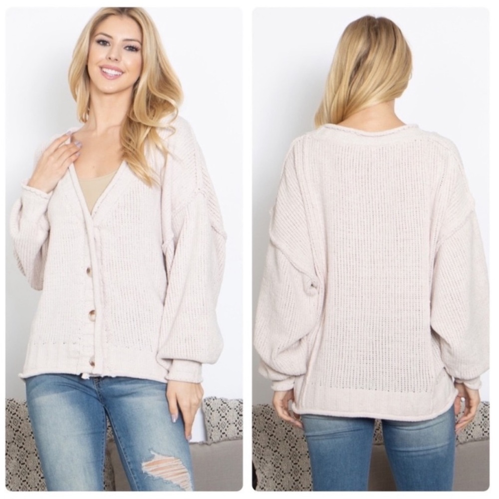 Jodifl Ivory Puff Sleeve V-Neck Button Down Cardigan Sweater